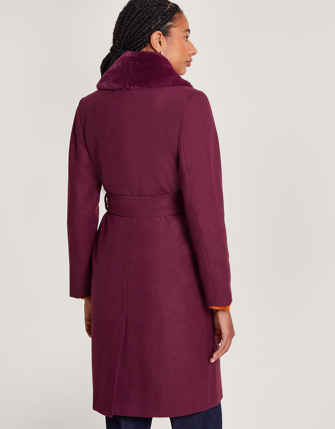 Rufus Fur Collar Belted Coat with Recycled Polyester, Red (WINE), large