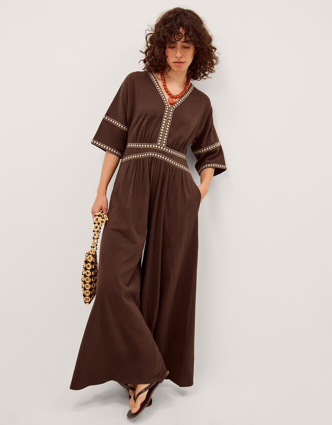 Taryn Embroidered Jersey Jumpsuit Brown