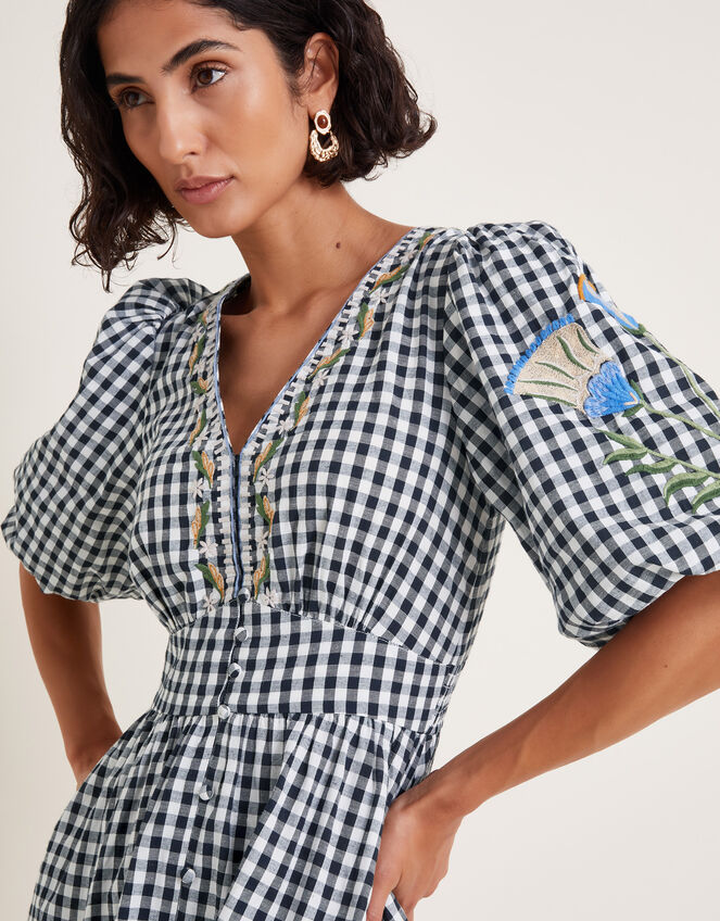 Bria Embroidered Gingham Mini Dress, Black (BLACK), large