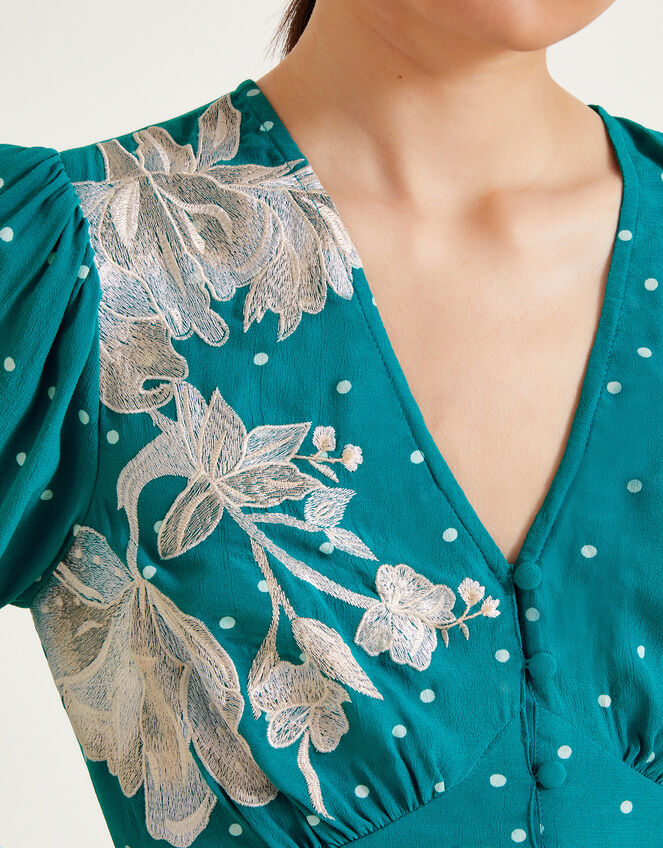 Clea Polka Dot Embroidered Dress, Teal (TEAL), large