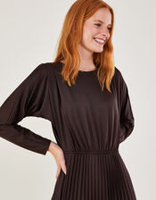 Pleated Batwing Midi Jersey Dress, Brown (BROWN), large