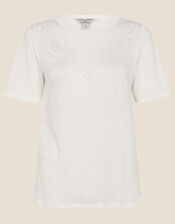 Embroidered Detail Jersey Linen T-Shirt, Ivory (IVORY), large