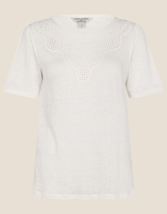 Embroidered Detail Jersey Linen T-Shirt, Ivory (IVORY), large