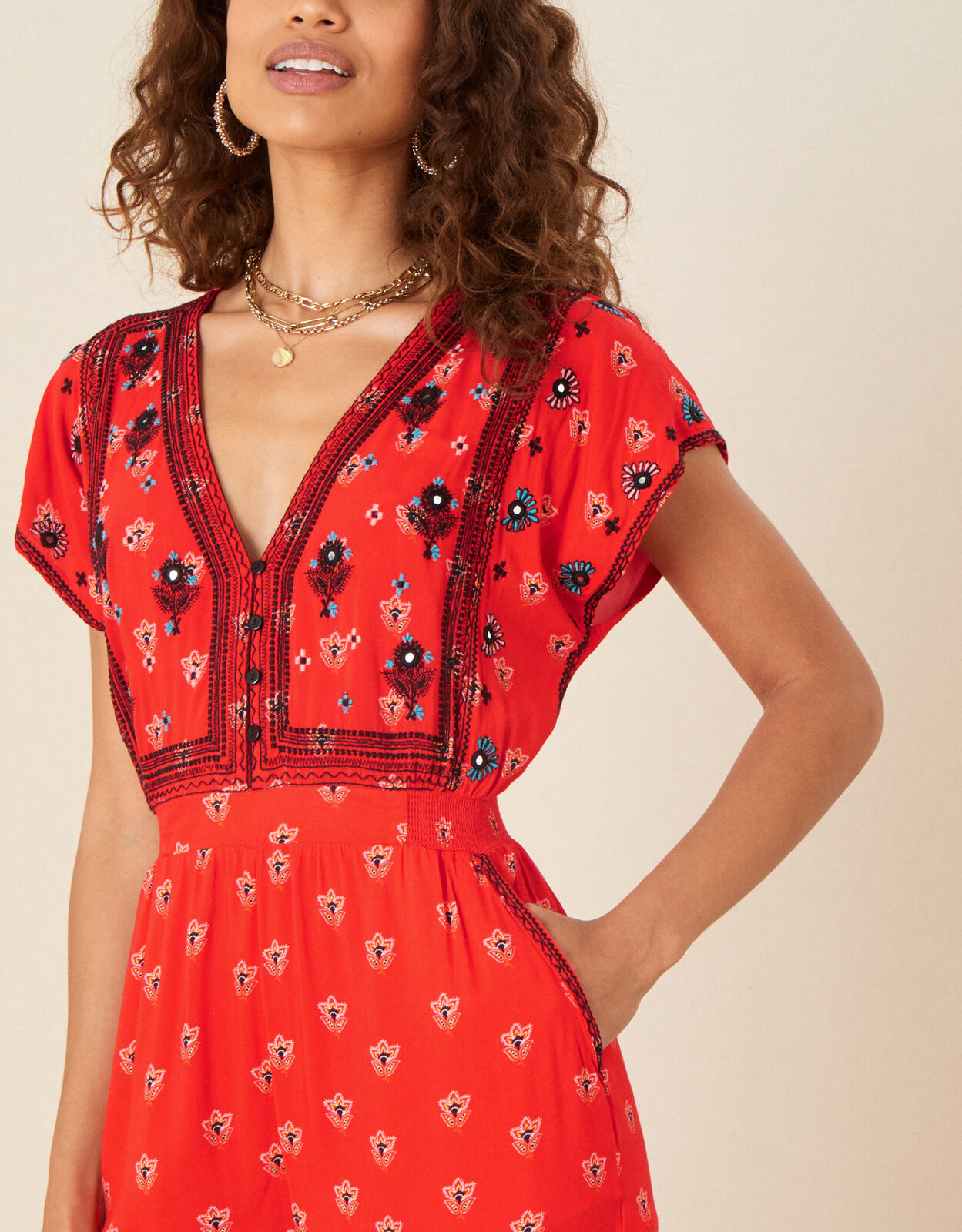 Embroidered Trim Printed Jumpsuit Red 