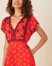 Embroidered Trim Printed Jumpsuit, Red (RED), large