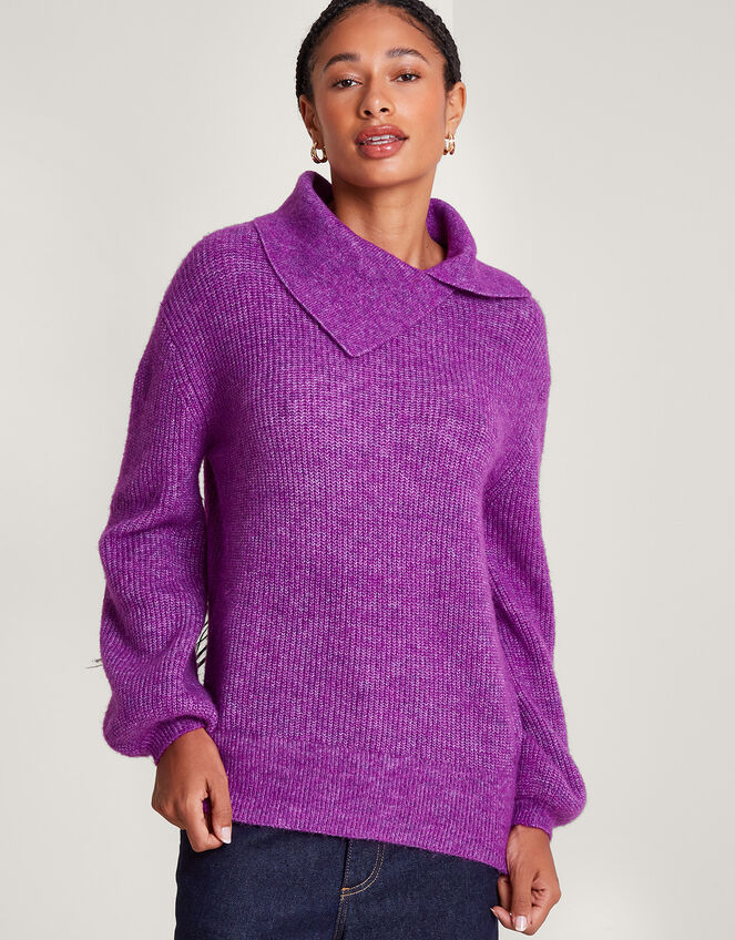 Super-Soft Rib Splice Neck Jumper with Recycled Polyester, Purple (PURPLE), large