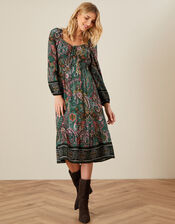 Elaina Paisley Square Neck Tie Dress, Green (GREEN), large