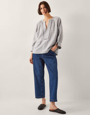 Frida Stripe Linen-Blend Top, Blue (BLUE), large