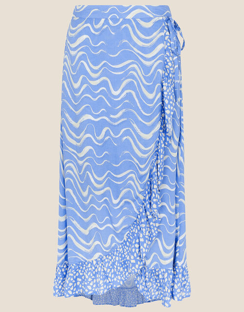 Wrap Wave Print Midi Skirt, Blue (BLUE), large