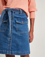 Denim Button Through Belted Skirt with Sustainable Cotton, Blue (INDIGO), large