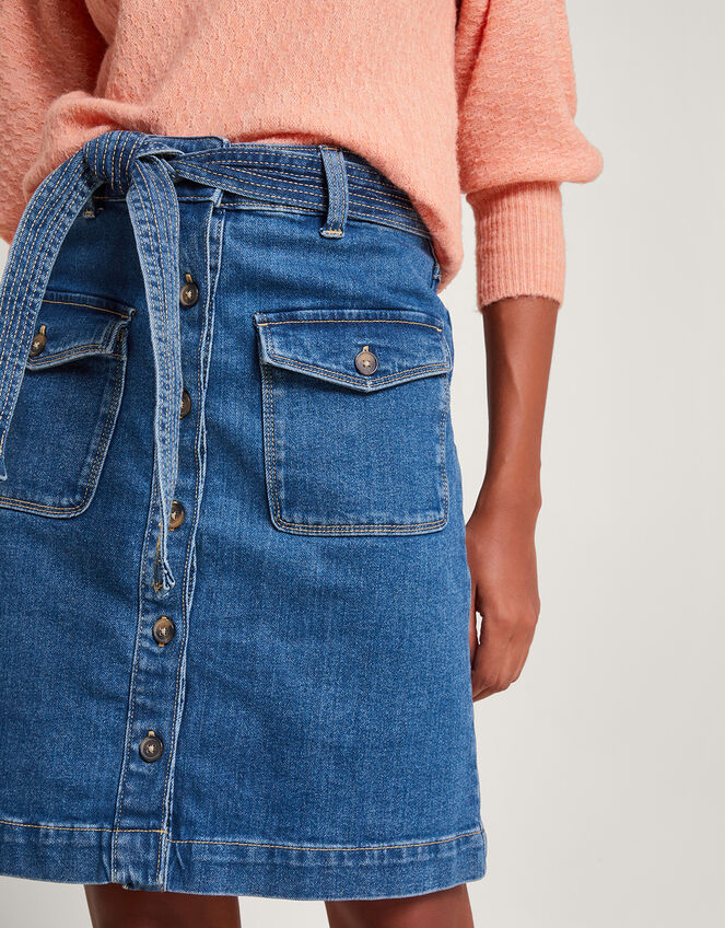 Denim Button Through Belted Skirt with Sustainable Cotton, Blue (INDIGO), large