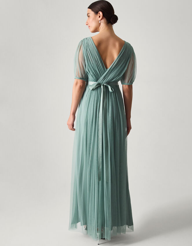 Ellie Sheer Sleeve Plunge Tulle Maxi Dress Green