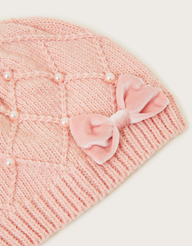 Pearly Cable Knit Beanie Hat in Recycled Polyester, Pink (PINK), large