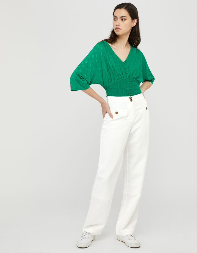 Janet Shirred Jacquard Top, Green (GREEN), large