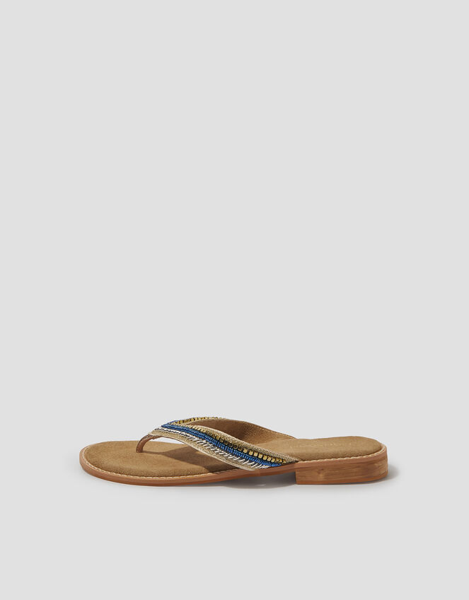 Sia Beaded Leather Flip Flop Sandals, Blue (BLUE), large