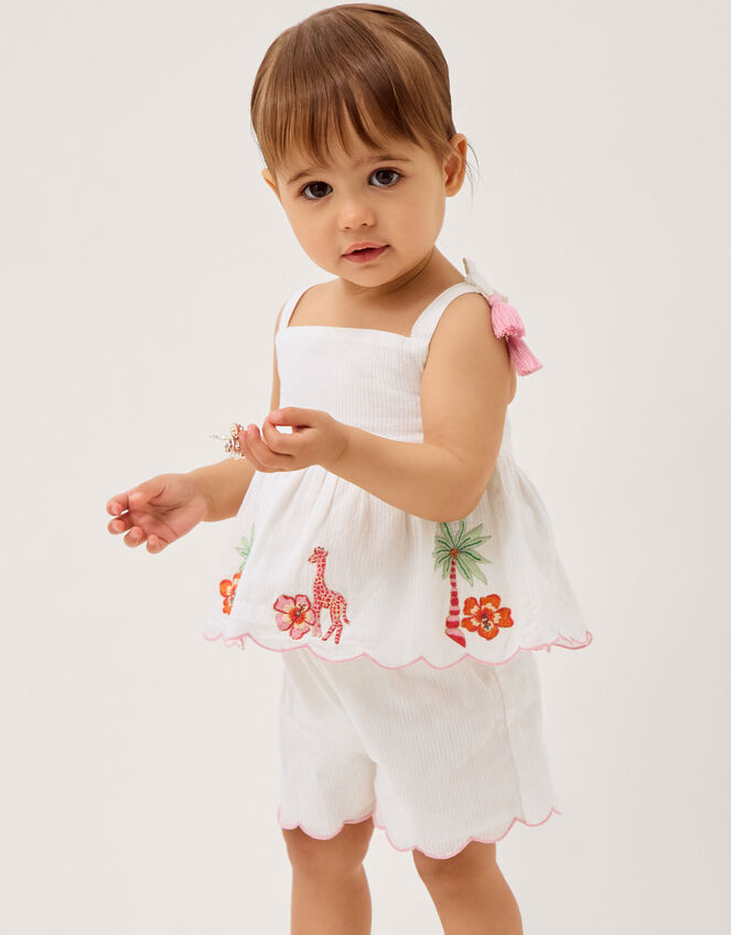 Baby Giraffe Embroidered Top & Shorts Set, Ivory (IVORY), large