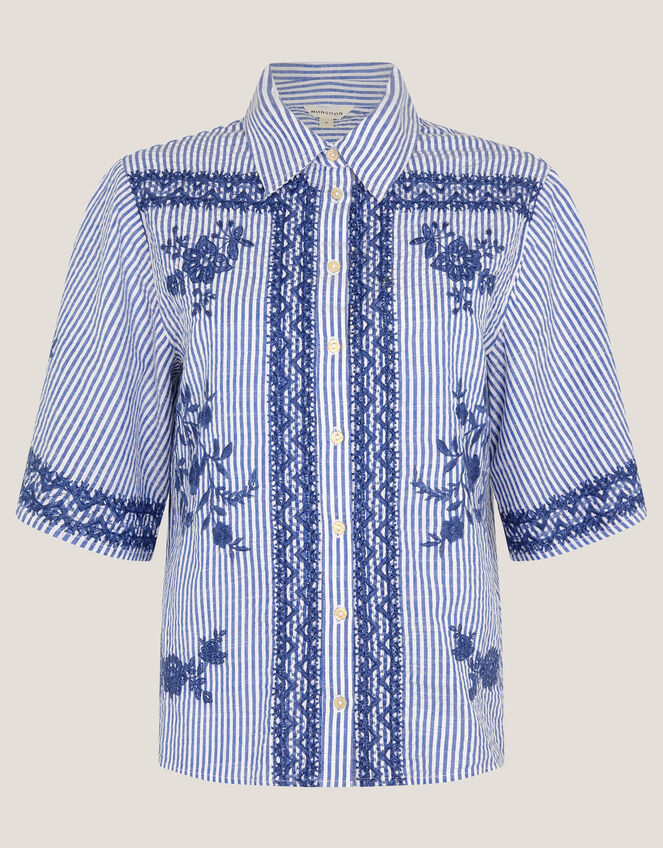 Marlowe Floral Embroidered Stripe Shirt, Blue (BLUE), large