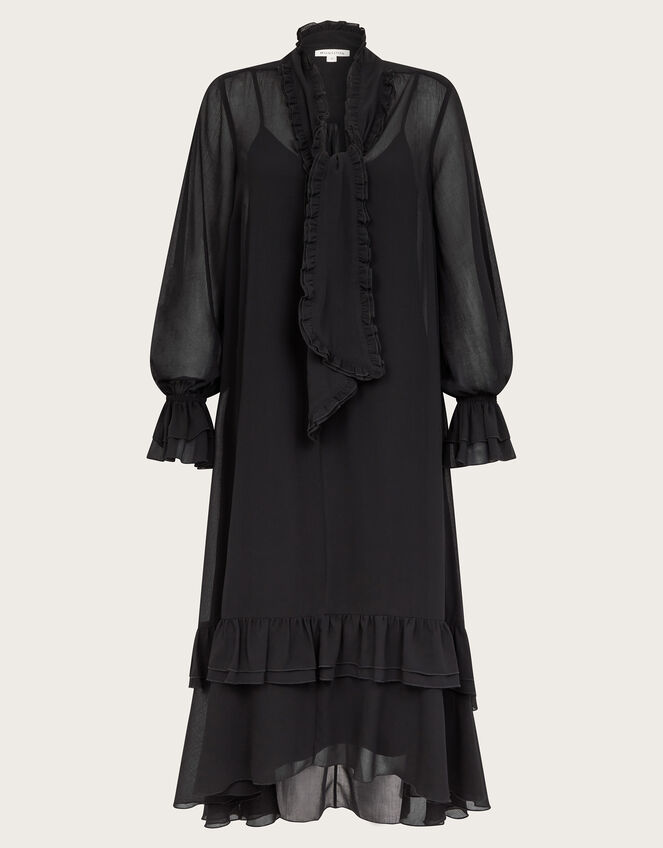 Aurelia Long Sleeve Ruffle Midi Dress, Black (BLACK), large
