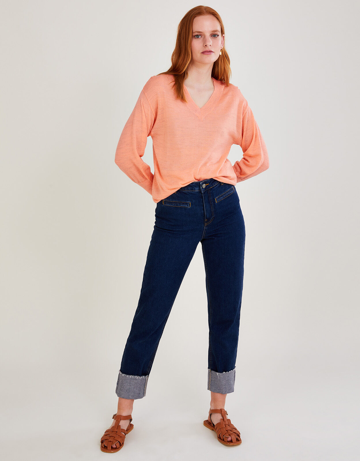 V-Neck Jumper in Linen Blend Orange