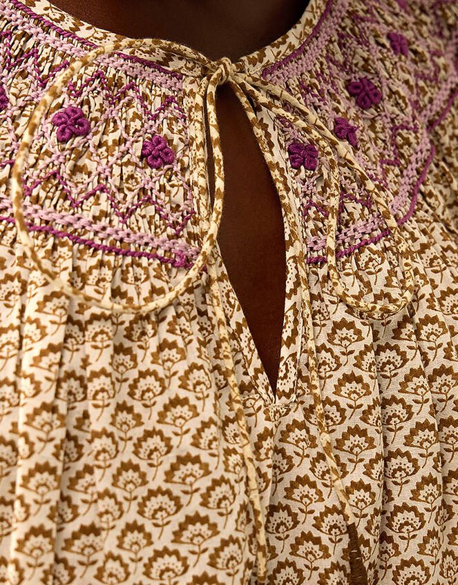 East Alina Floral Printed Smocking Top, Brown (BROWN), large