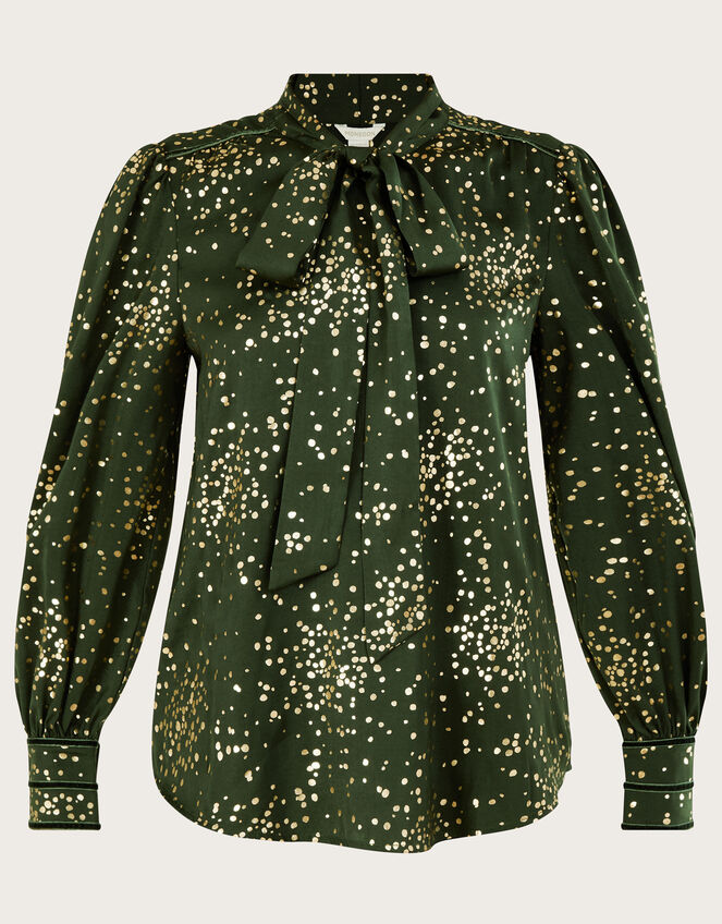 Suki Foil Pussybow Blouse, Green (KHAKI), large
