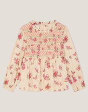 Butterfly Floral Smocked Blouse, Ivory (IVORY), large