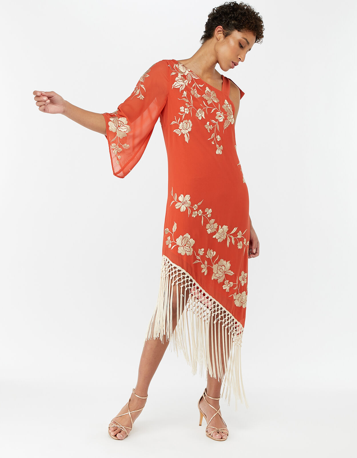 Pasty Floral Embroidered Fringe Dress Orange
