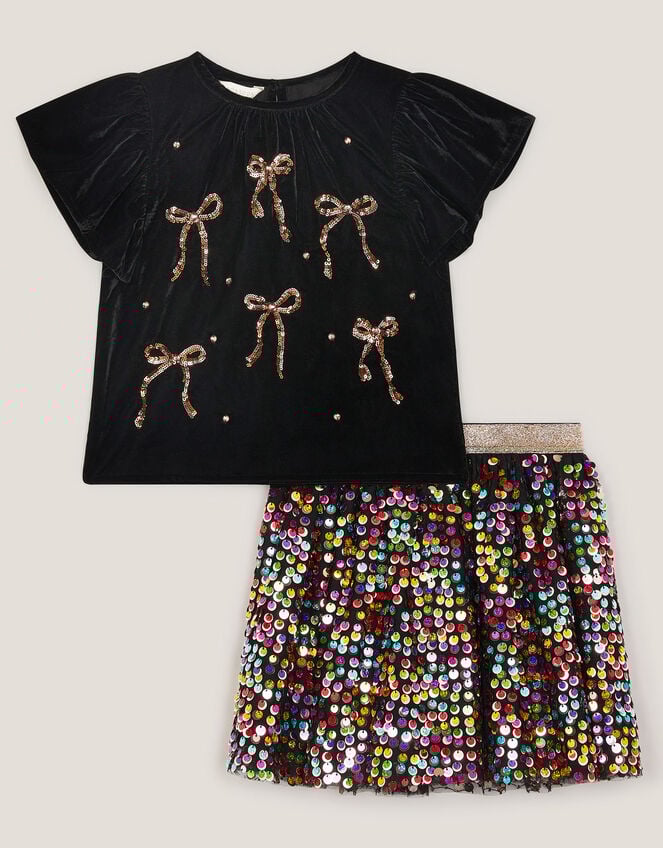Velvet Bow Top & Sequin Skirt Set, Black (BLACK), large