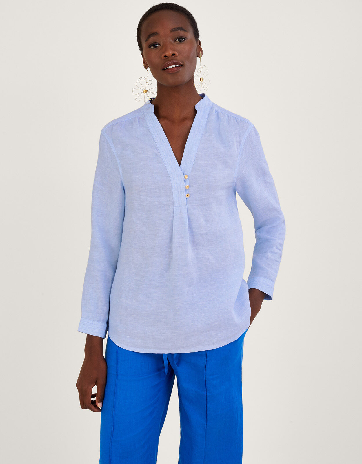 Chambray Neru Collar Linen Shirt Blue