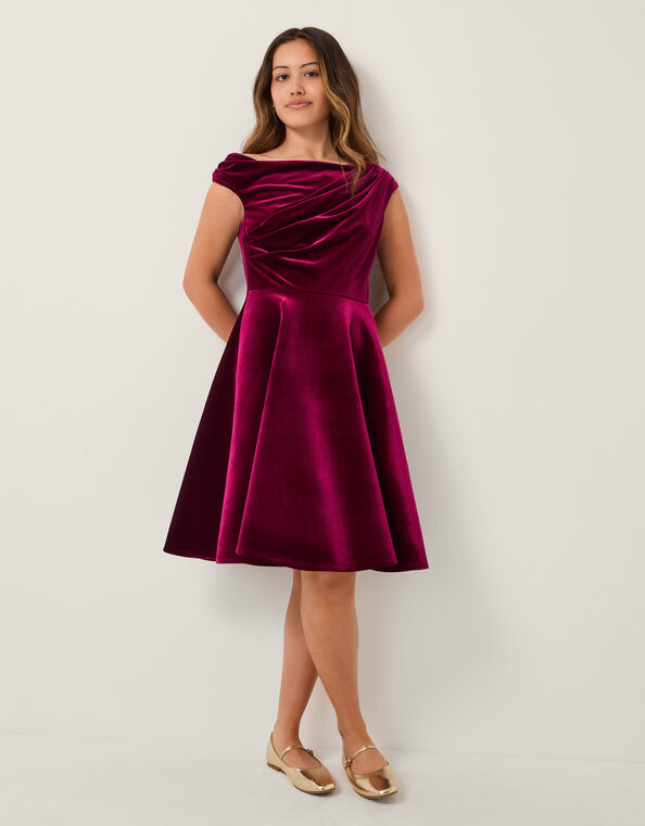 One Shoulder Drape Velvet Party Dess, Red (RED), large