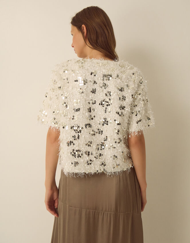 Saskia Short Sleeve Sequin Fringe Top , Ivory (IVORY), large
