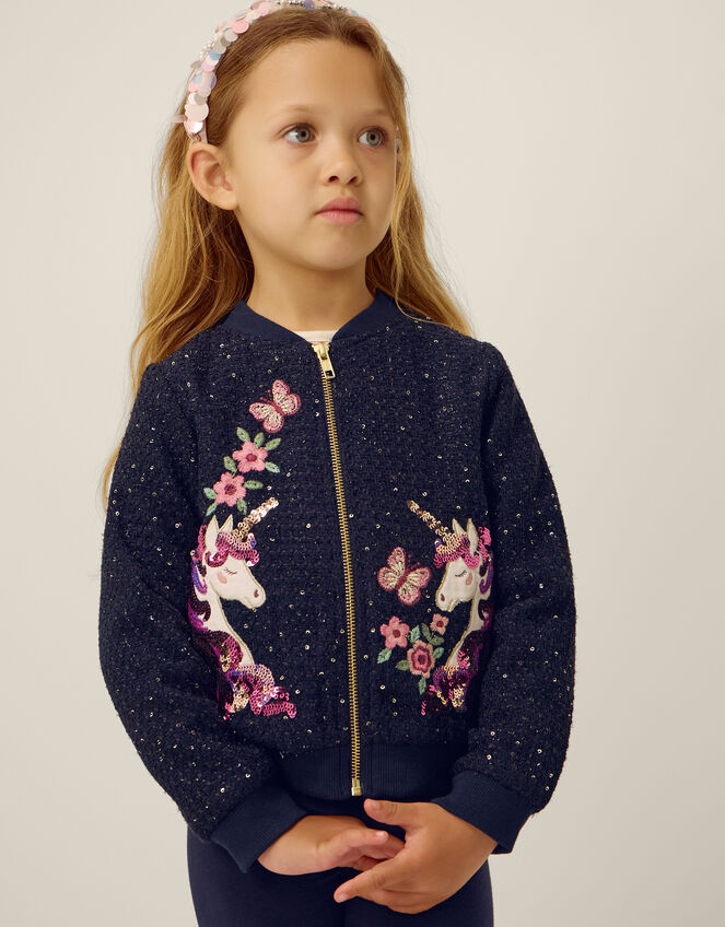 Sequin Unicorn Woven Bomber Jacket, Blue (NAVY), large