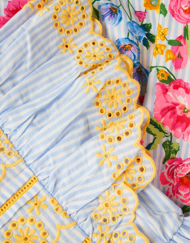 Floral Stripe Broderie Sleeve Dress, Blue (BLUE), large