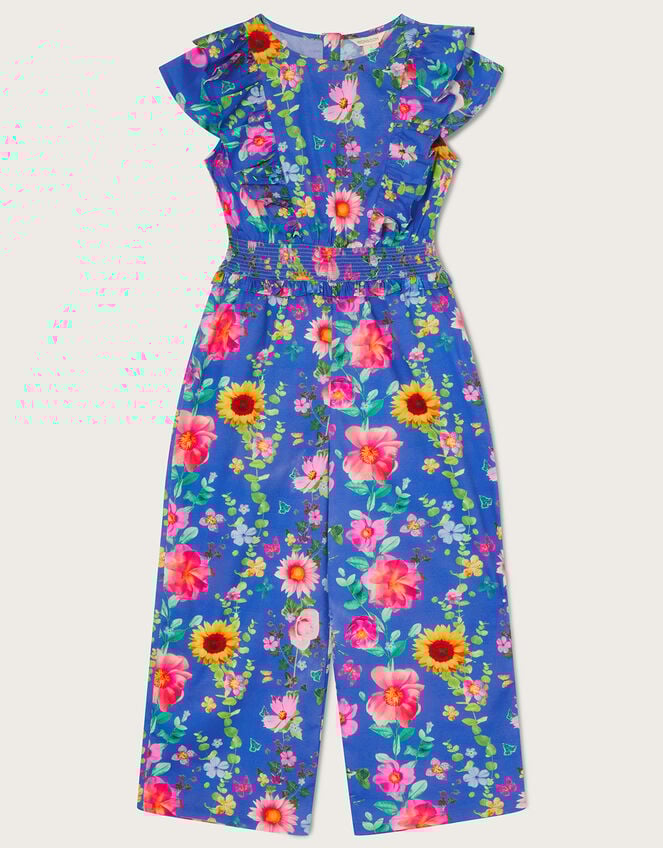 Ruffled Floral Print Jumpsuit in Recycled Polyester, Blue (BLUE), large