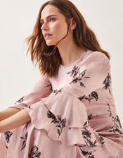 Pelia Floral Satin Ruffle Midi Dress, Pink (PINK), large