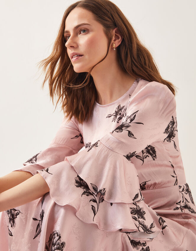 Pelia Floral Satin Ruffle Midi Dress, Pink (PINK), large