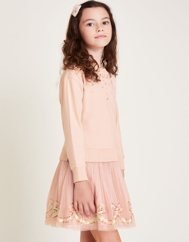 Sequin Bow Sweatshirt Dress, Pink (PINK), large