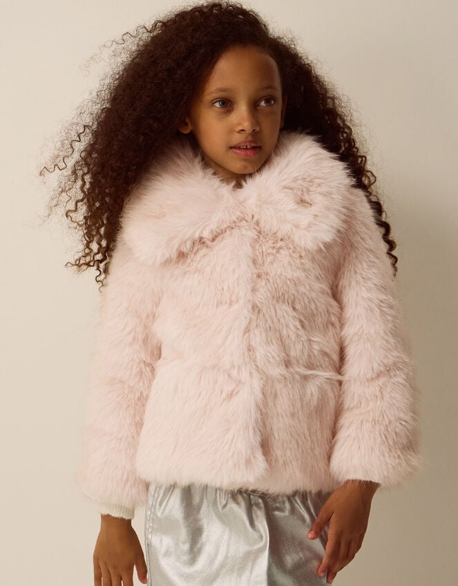 Butterfly Embellished Faux Fur Coat, Pink (PINK), large