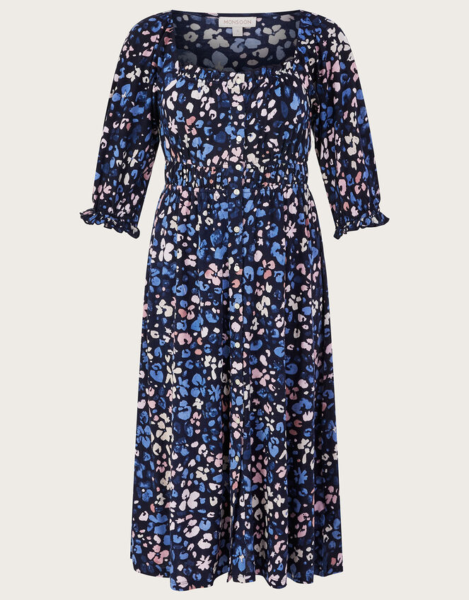Ditsy Shirred Midi Dress with Sustainable Cotton, Blue (BLUE), large