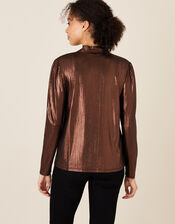 Madeline Metallic Pussybow Blouse, Bronze (BRONZE), large
