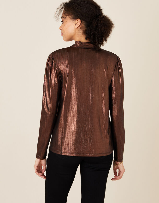 Madeline Metallic Pussybow Blouse, Bronze (BRONZE), large