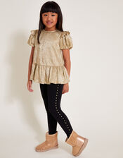 Metallic Frilly Tunic Top and Leggings Set, Gold (GOLD), large