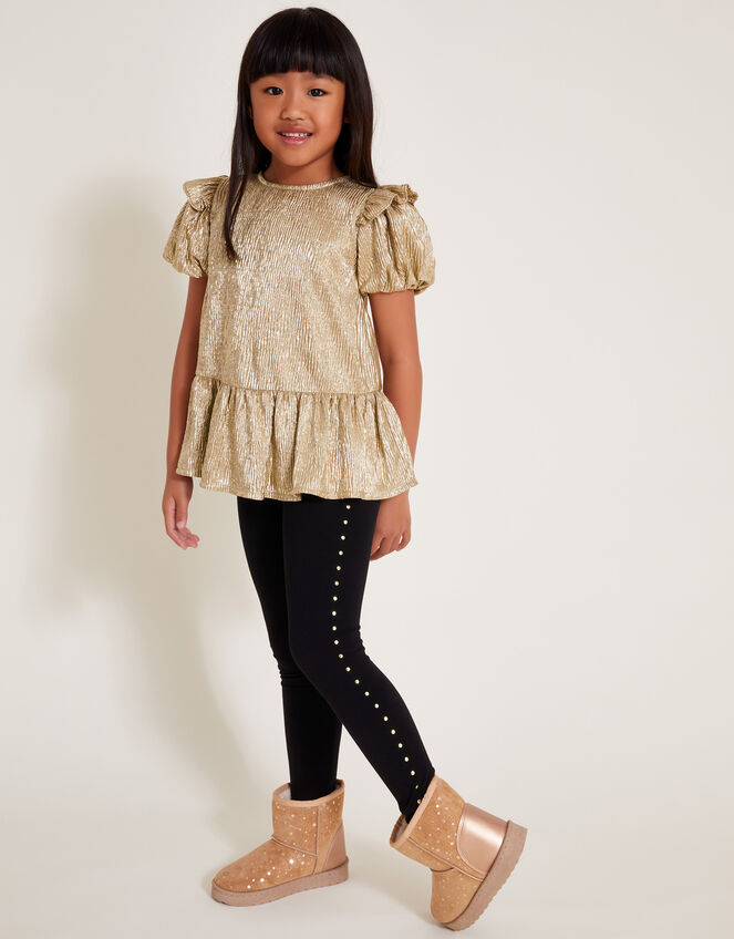 Metallic Frilly Tunic Top and Leggings Set, Gold (GOLD), large