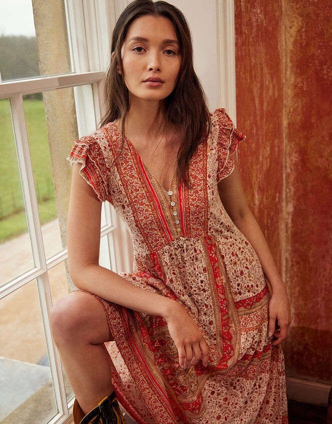 Heli Heritage Print Jersey Midi Dress, Orange (ORANGE), large