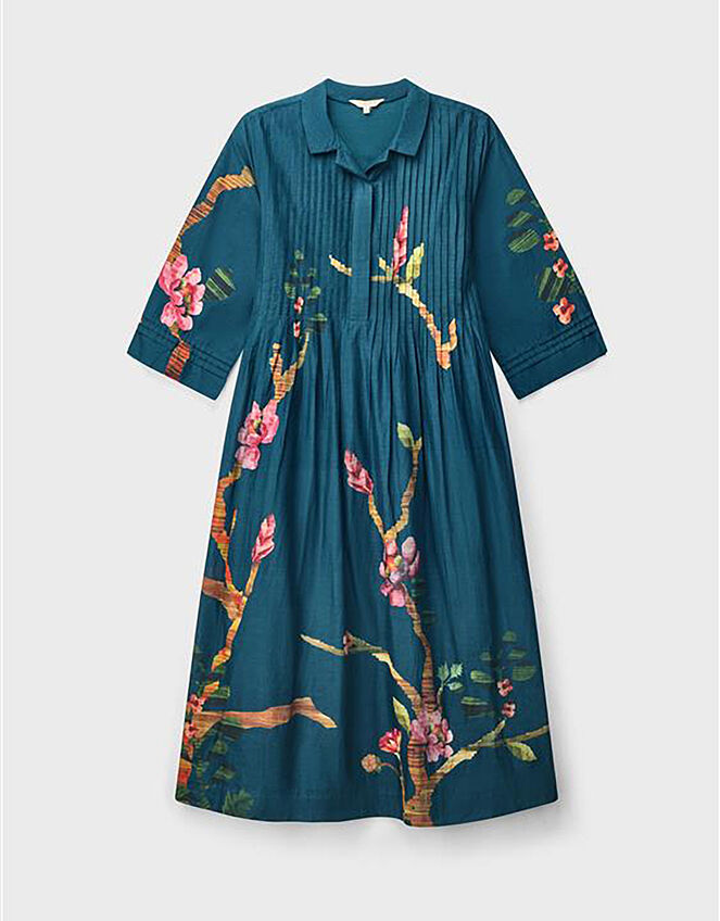 East Aphira Floral Pleated Shirt Dress, Teal (TEAL), large