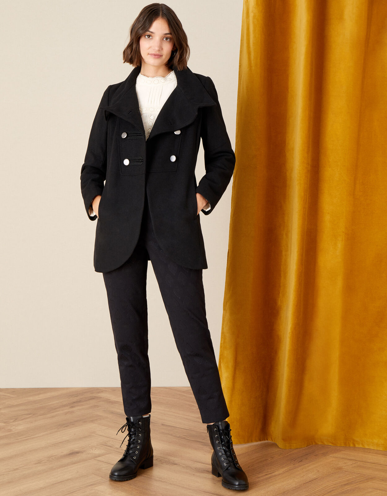 Lizzie Military Peacoat in Wool Blend Black
