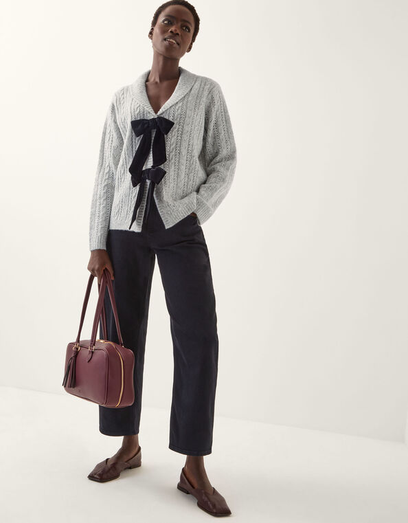 Bria Bow Cable Knit Cardigan, Grey (GREY), large