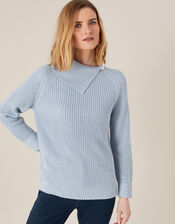 Split Neck Knit Jumper, Blue (BLUE), large