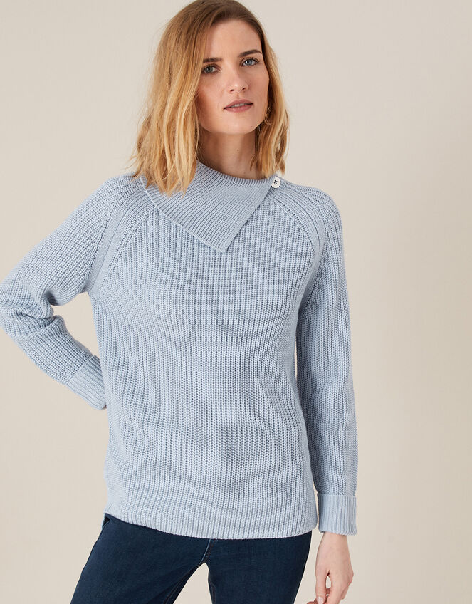 Split Neck Knit Jumper, Blue (BLUE), large