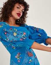 Tina Embroidered Knee-Length Dress, Blue (BLUE), large